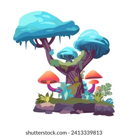 Jungle house of colorful set. Demonstration of the enchanted jungle world with this whimsical cartoon illustration of a fantasy house, nestled in the heart of nature. Vector illustration.