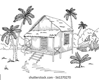 Jungle Hut House Graphic Black White Sketch Illustration Vector