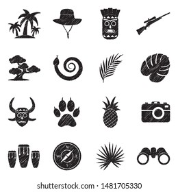 Jungle Icons. Black Scribble Design. Vector Illustration.