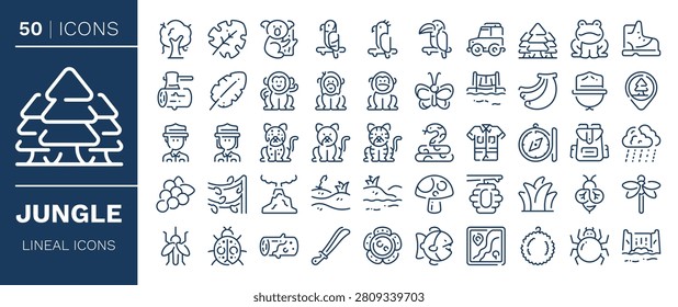 Jungle icons set in line design. Including monkey, gorilla, tiger, jaguar, panther, orangutan, snake, frog and more. Outline icons collection.