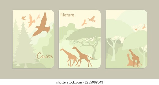 jungle illustration cover. tree background, giraffe, bird. A4 size children's book cover. forest landscape illustration - Shutterstock ID 2255989843