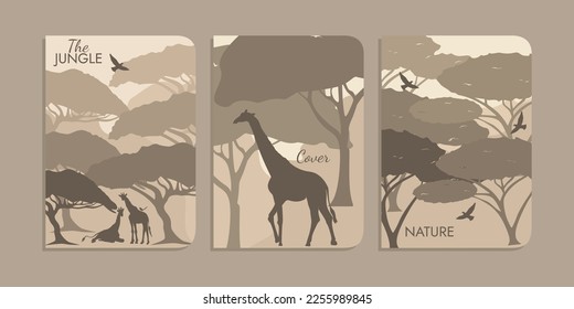 jungle illustration cover. tree background, giraffe, bird. A4 size children's book cover. forest landscape illustration - Shutterstock ID 2255989845