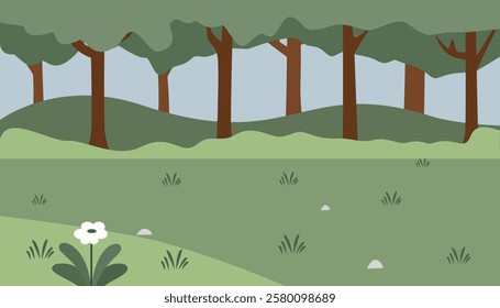 Jungle illustration. Forest scenery. Hill. Park. Children book background. Fable background. Bushes. Tree. Tropical forest.