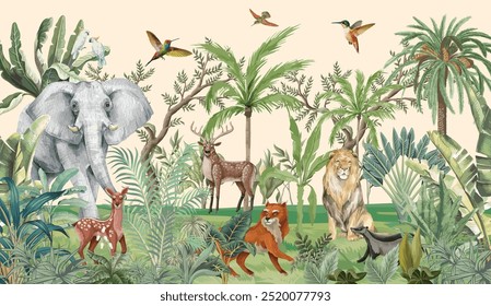 Dschungel-Illustration, Garten-Wandgemälde, Tierhintergrund, Wildlife, Aquarell-Hintergrund.