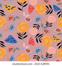 Jungle illustration, nature design. Colorful floral background. Bright tropical leaves and flowers seamless pattern, vector