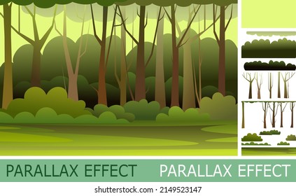 Jungle illustration with parallax effect. Dense wild-growing tropical plants with tall, branched trunks. Rainforest landscape. Flat design. Cartoon style. Vector.