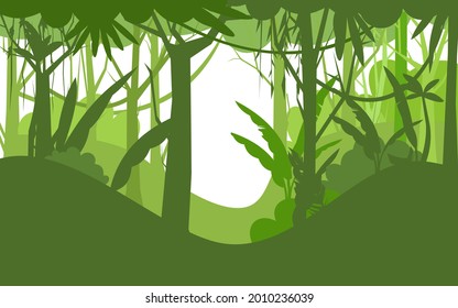 Jungle illustration. Silhouette isolated. Dense wild-growing tropical plants with tall, branched trunks. Rainforest landscape. Flat design. Cartoon style. Vector