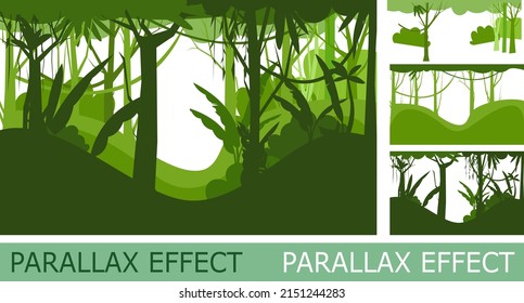 Jungle illustration. Silhouette isolated with parallax effect. Dense wild-growing tropical plants with tall, branched trunks. Rainforest landscape. Flat design. Cartoon style. Vector.