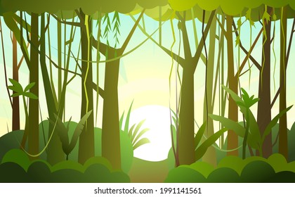 Jungle illustration. Sunrise. Dense wild-growing tropical plants with tall, branched trunks. Rainforest landscape. Flat design. Cartoon style. Vector