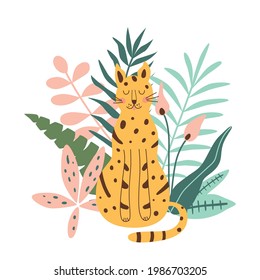 Jungle jaguar. Rainforest jaguar. Cute jungle leopard. African wilc cat under tropical jungle leaves.