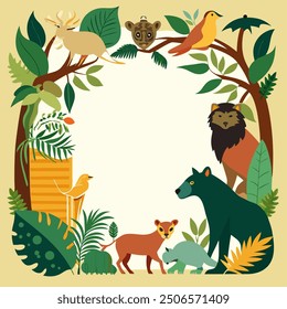 Jungle Jamboree: A Vibrant Gathering of Wildlife, Border Frame