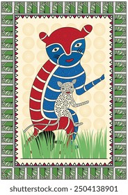 Jungle Jester: A Playful Gond Artwork of a Monkey. Gond monkey painting
Indian folk art monkey, Tribal monkey artwork, Gond jungle art, Wildlife Gond painting.