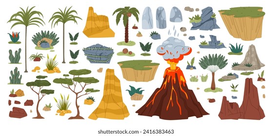 Jungle and jurassic dinosaur era environment game asset. Plants and trees, rock and volcano, stones and palms isolated prehistoric natural cartoon vector objects and graphic surrounding elements set