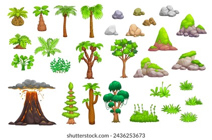 Jungle and jurassic period environment game assets, vector UI. Prehistoric nature landscape elements with cartoon tropical forest palms and trees, plants and grass, erupting volcano, lava and smoke