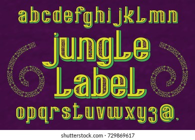 Jungle Label typeface. Decorative font. Isolated english alphabet.