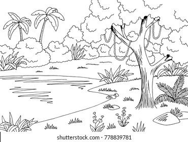 Jungle Lake Graphic Black White Landscape Sketch Illustration Vector