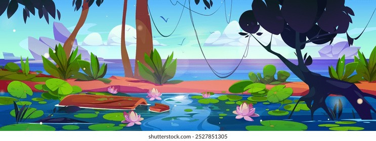 Lago de la selva con flores de loto. Ilustración de dibujos animados de Vector de hermosos paisajes con lianas tropicales en árboles de la selva tropical, hojas verdes, lirios rosados en la superficie del agua, pájaros que vuelan en el cielo sobre las rocas