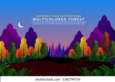 Jungle Landscape. Abstract multicolored forest and garden with mountain in fairy tale in flat design, Beautiful vector illustrator modern concept