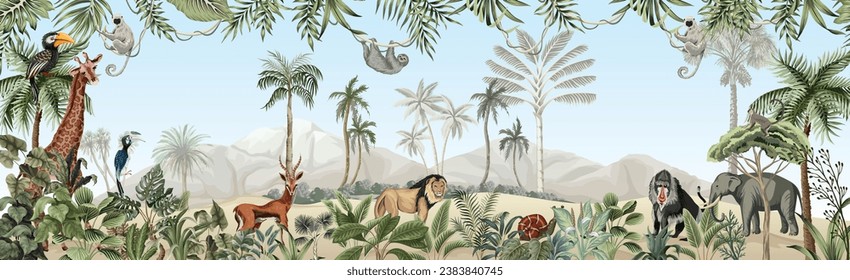 Jungle landscape with animal, Watercolor tree motif and leaf. 