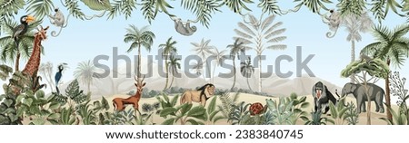 Jungle landscape with animal, Watercolor tree motif and leaf. 