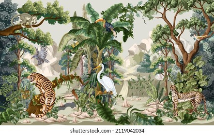 Dschungellandschaft mit Tieren. Innenvektor.