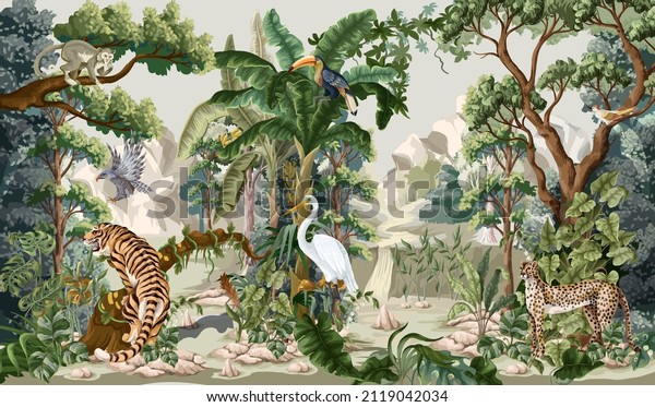 Landscape with animals of the jungle mural wallpaper. 