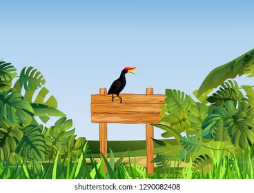 Jungle landscape  background with plants and animals, woodwn pointer vector illustration