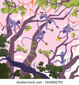 Jungle landscape background with tropical trees monkey and bananas vector illustration