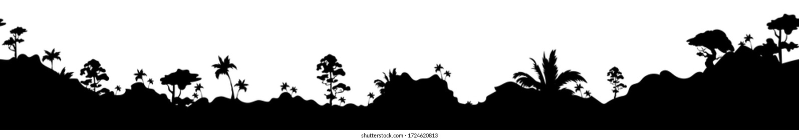 Jungle landscape black silhouette seamless border. Trees and mountains, exotic nature monochrome vector illustration. Rainforest decorative ornament design. Tropical plants repeating pattern