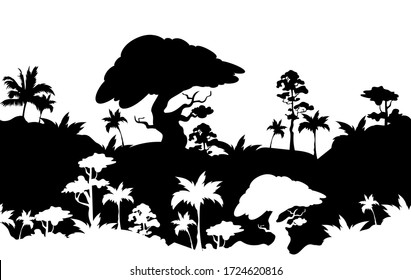 Jungle landscape black silhouette seamless border. African exotic nature monochrome vector illustration. Rainforest dense trees decorative ornament design. Tropical plants repeating pattern