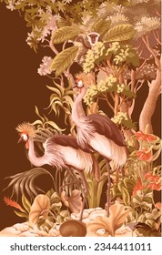 Jungle landscape with crowned cranies, trees and monkey. Vector