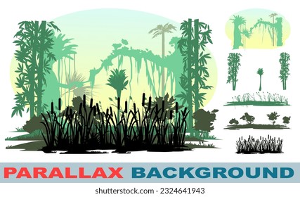 Jungle landscape. Dense thickets of trees and shrubs. Lianas are hanging. Picture layers parallax effect. Nice silhouette. Vector image isolated background.