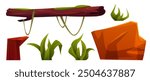 Jungle landscape design elements set isolated on white background. Vector cartoon illustration of log bridge, green moss and liana on old tree, brown rock stone, grass and exotic tropical plants