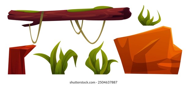 Jungle landscape design elements set isolated on white background. Vector cartoon illustration of log bridge, green moss and liana on old tree, brown rock stone, grass and exotic tropical plants