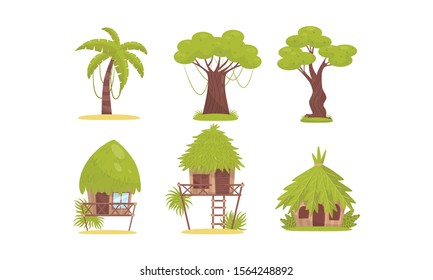 Jungle Landscape Elements Isolated On White Background Vector Set For Video Game