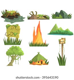 Jungle Landscape Elements  Realistic Flat Vector Illustration Set For Video Game On White Background