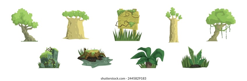 Jungle Landscape Elements for Video Game Flat Vector Set