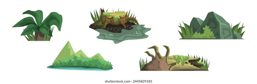 Jungle Landscape Elements for Video Game Flat Vector Set