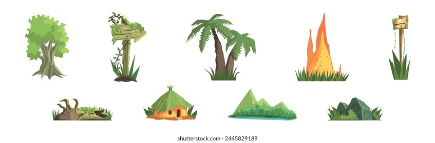 Jungle Landscape Elements for Video Game Flat Vector Set