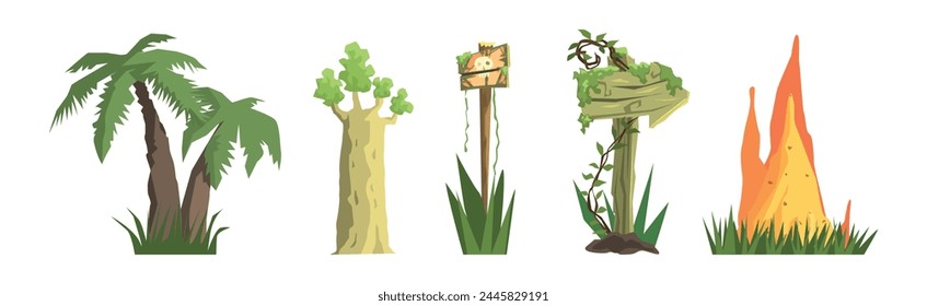 Jungle Landscape Elements for Video Game Flat Vector Set