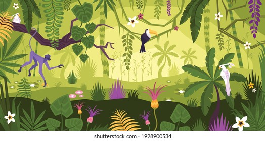 Jungle landscape flat composition with horizontal view of tropical flowers exotic plants and animals with birds vector illustration