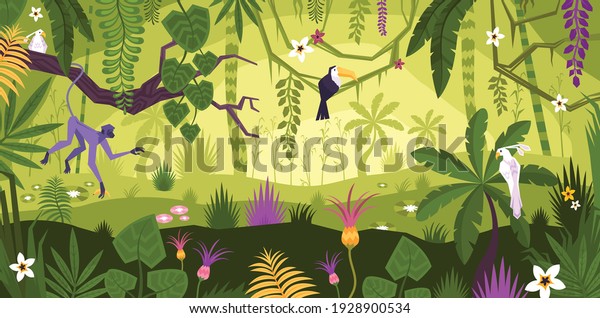 Jungle landscape flat composition with\
horizontal view of tropical flowers exotic plants and animals with\
birds vector\
illustration
