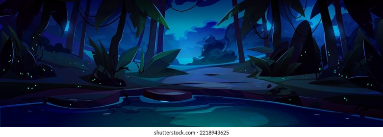 Jungle landscape with lake, path and trees silhouettes at night. Dark nature scene with pond or river shore in rainforest with plants and road, vector cartoon illustration