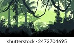 Jungle landscape. Layered background with rainforest. Parallax effect. Horizontal green backdrop with lianas, palms, trees and bushes.