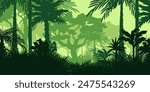 Jungle landscape. Layered background with rainforest. Parallax effect. Horizontal green backdrop with palms, trees and bushes.