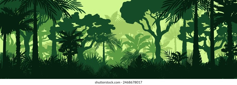 Jungle landscape. Layered background with rainforest. Parallax effect. Horizontal green panoramic backdrop with palms, trees and bushes.