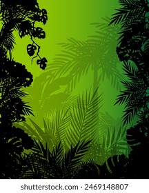 Jungle landscape. Layered background with rainforest. Parallax effect. Vertical green panoramic backdrop with lianas, palms, trees and bushes.