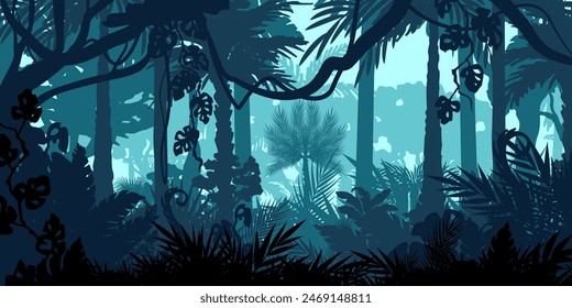 Jungle landscape. Layered background with rainforest. Parallax effect. Horizontal blue backdrop with lianas, palms, trees and bushes.