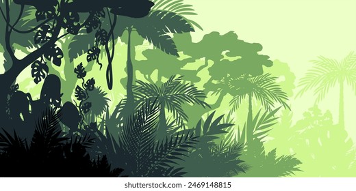 Jungle landscape. Layered background with rainforest. Parallax effect. Horizontal green backdrop with palms, trees and bushes.