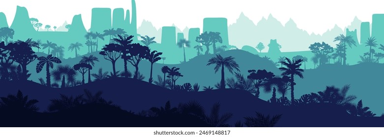 Jungle landscape. Layered background with rainforest. Parallax effect. Horizontal blue panoramic backdrop with mountains, hills, palms, trees and bushes.